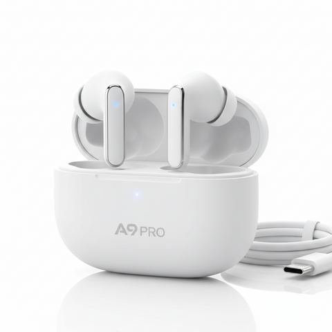 A9 Pro Wireless Earbuds White Bluetooth 5.3 HD Stereo Sound TWS